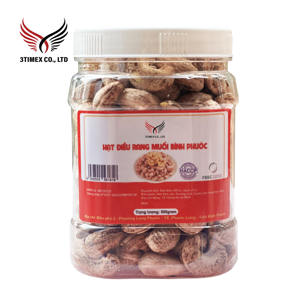 Hạt điều Bình Phước rang muối nguyên vỏ lụa hộp PET vuông 